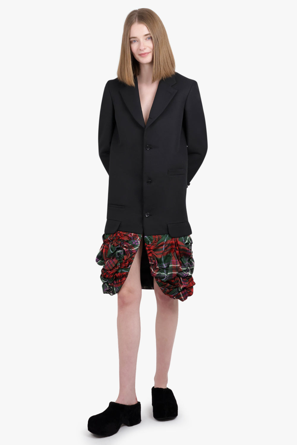 TWO TONE COAT WITH CHECK PRINT RUFFLE HEM | BLACK/TARTAN - 3