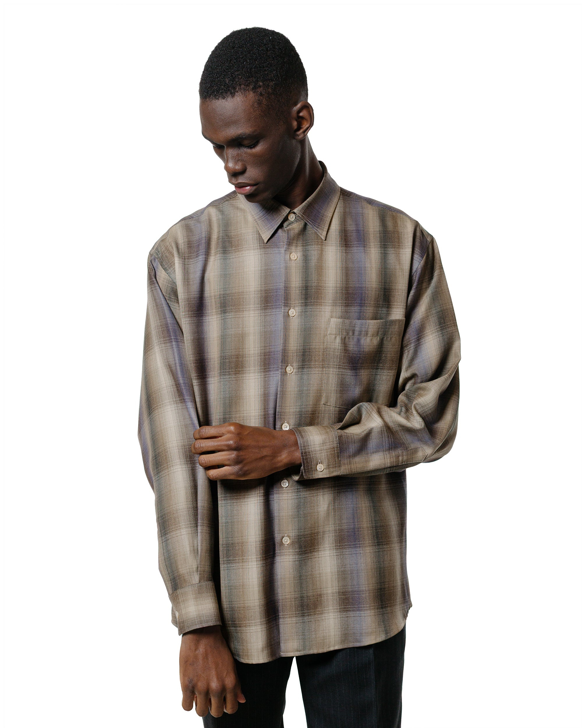 Super Light Wool Check Shirt Brown Blue Check - 2