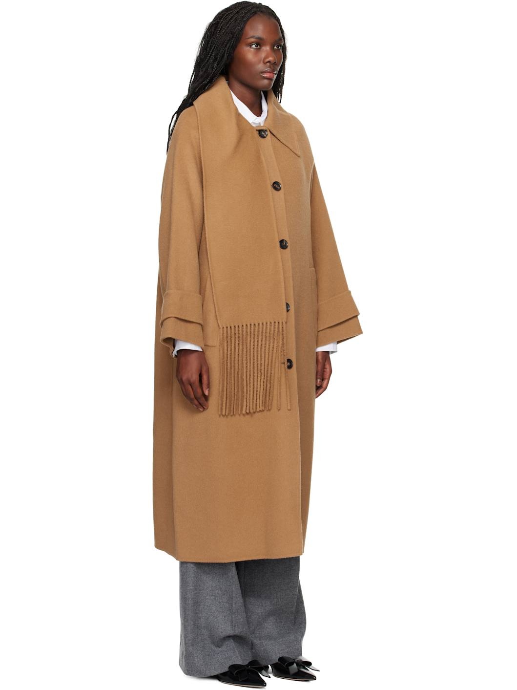 Tan Alpaca Fringe Scarf Long Coat - 2