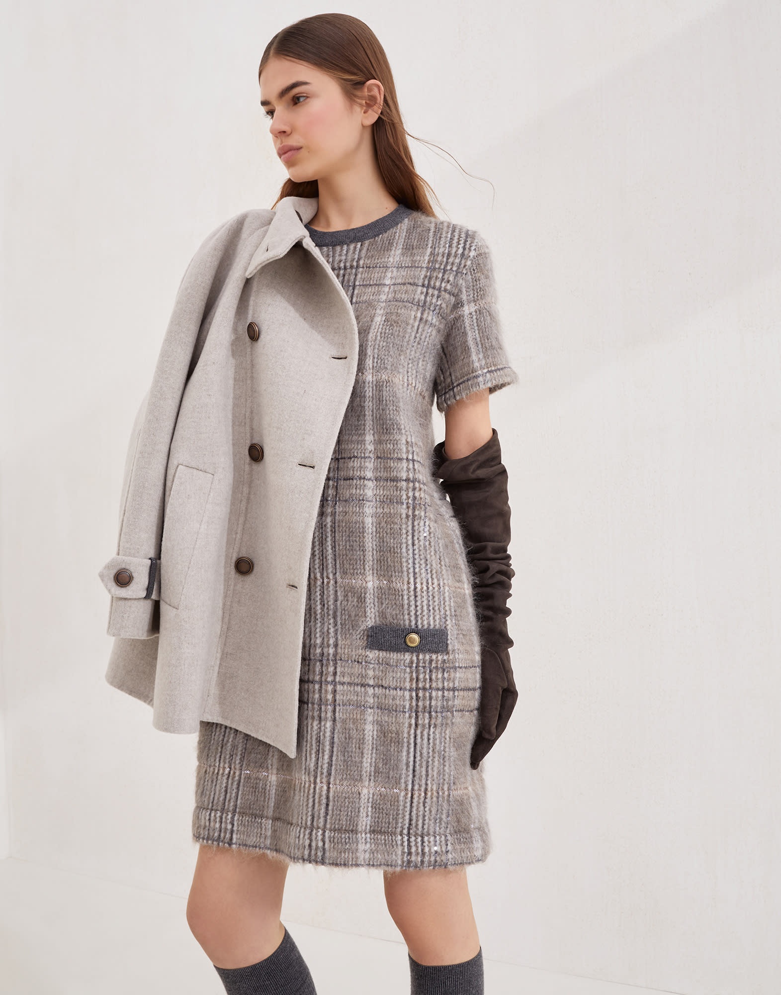 Mohair, virgin wool and cashmere jacquard knit dress with dazzling check embroidery - 4
