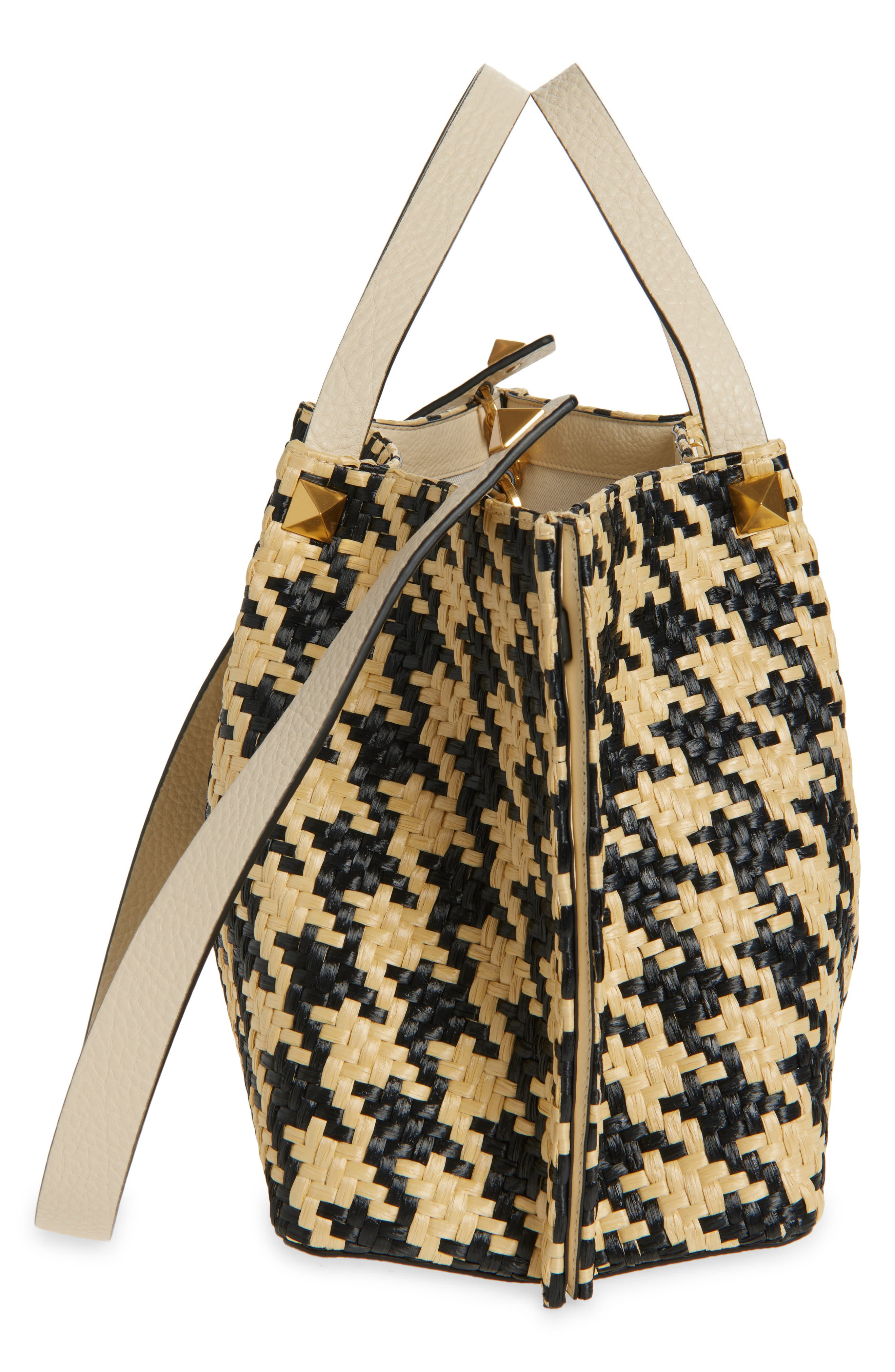 Valentino Garavani Medium VLOGO Signature Houndstooth Raffia Tote in Naturale Nero/Butter White at N - 6