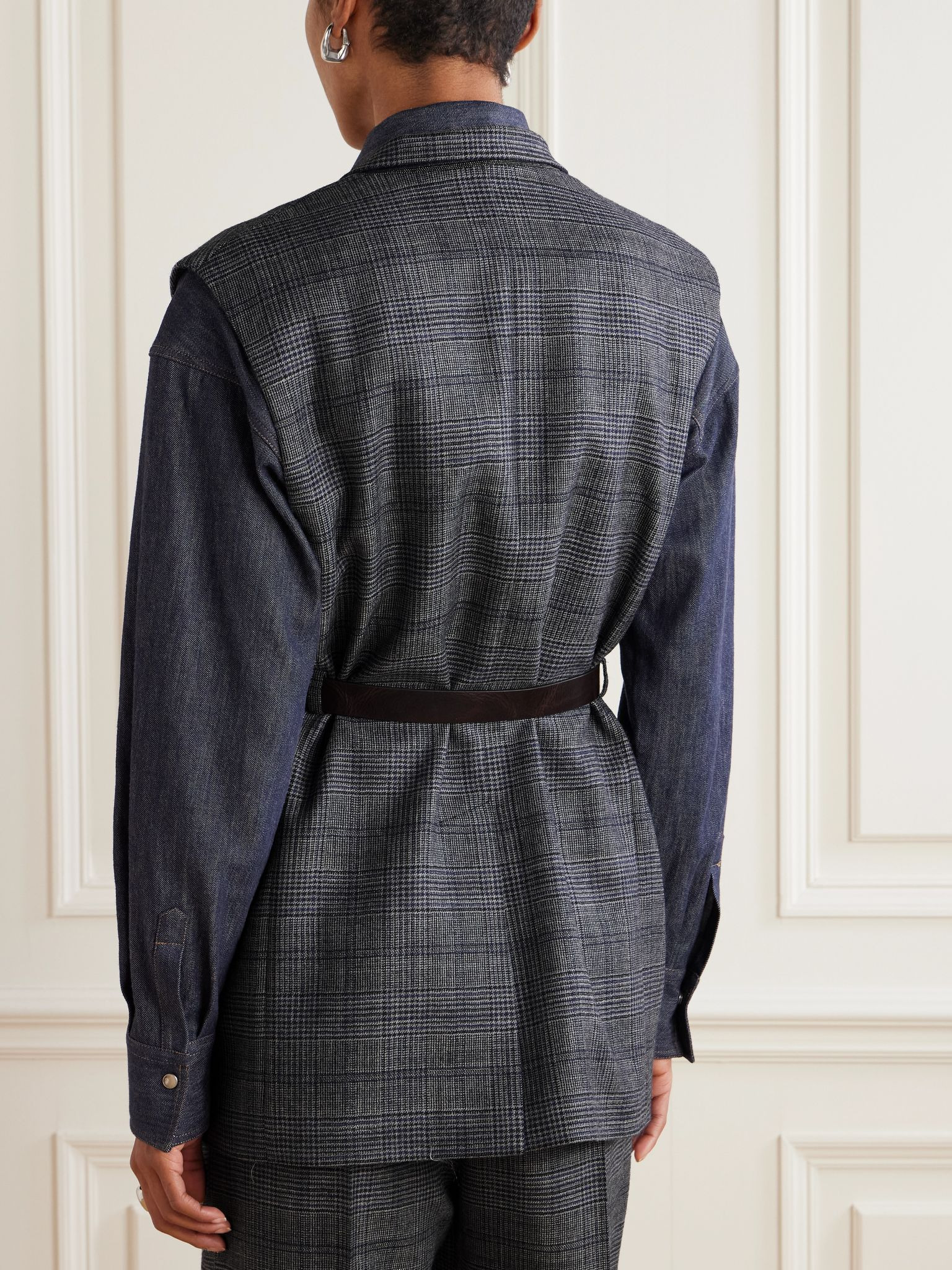 Bead-embellished leather-trimmed belted Prince of Wales checked wool vest Gray - 3