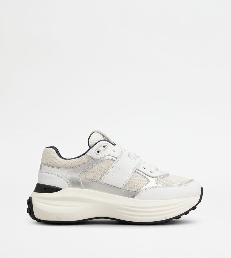 SNEAKERS IN LEATHER AND FABRIC - WHITE, SILVER 1