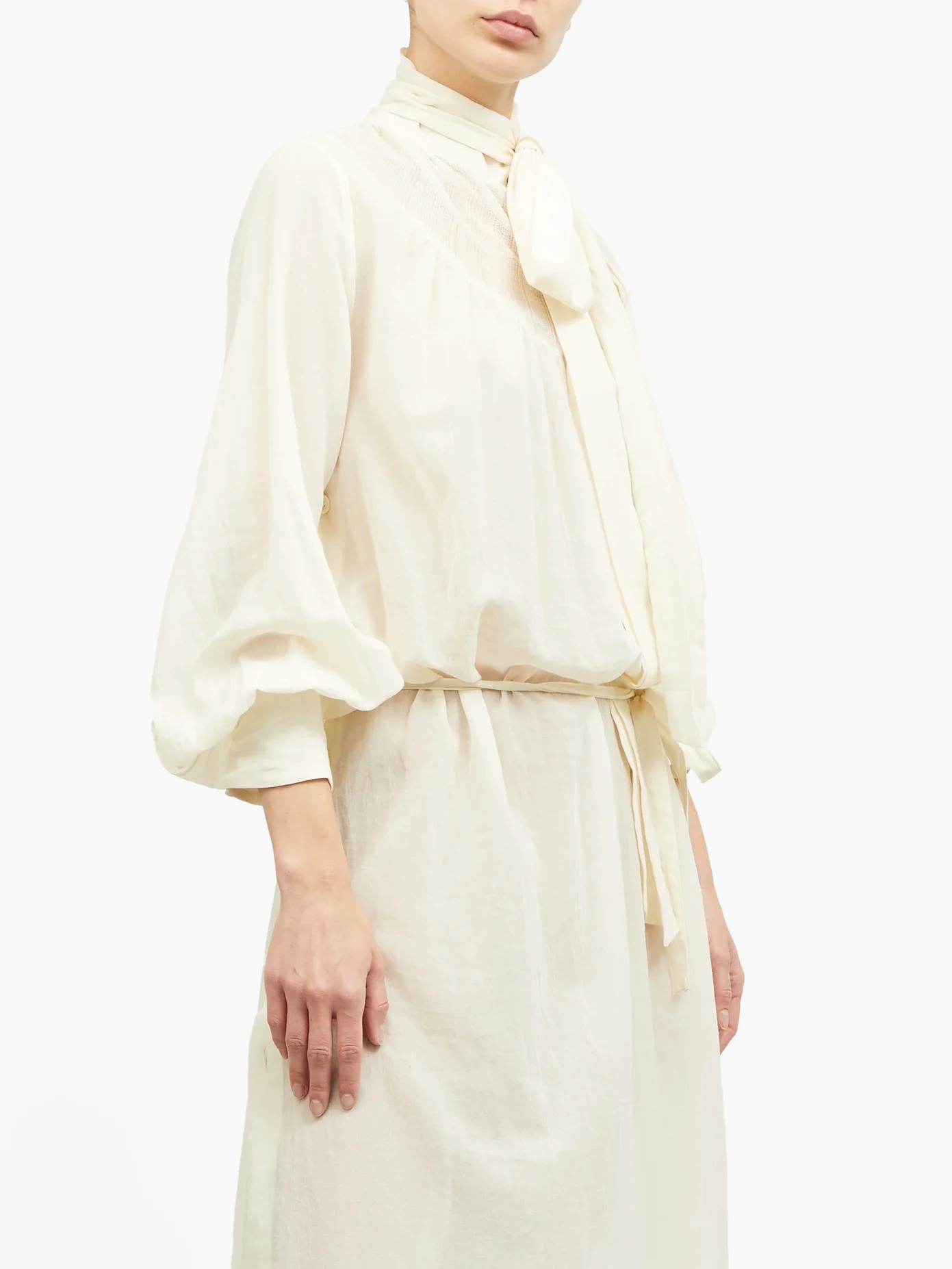 Tie-neck balloon-sleeve voile midi dress - 6