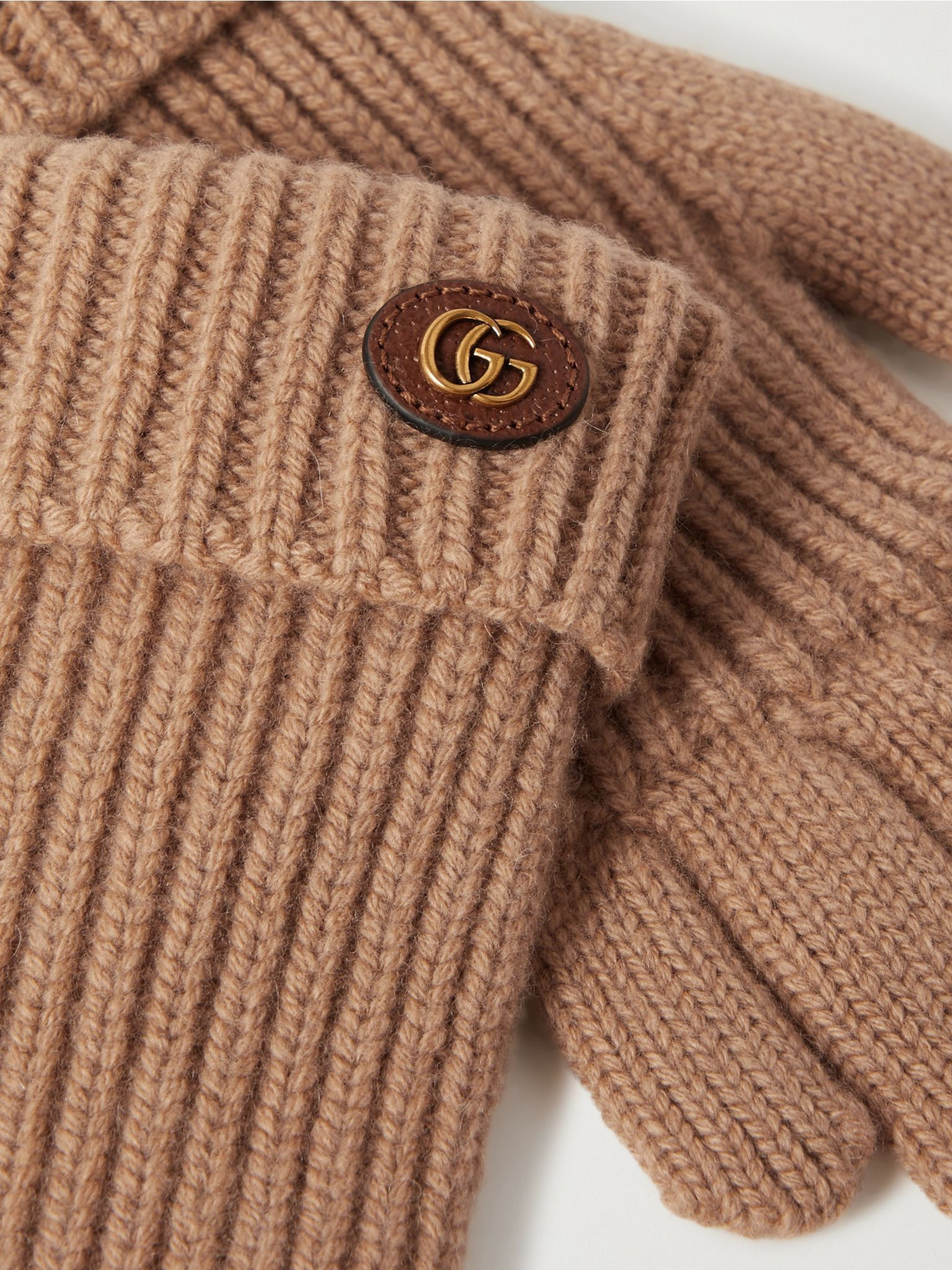 Embellished leather-trimmed wool and cashmere-blend gloves Camel - 3