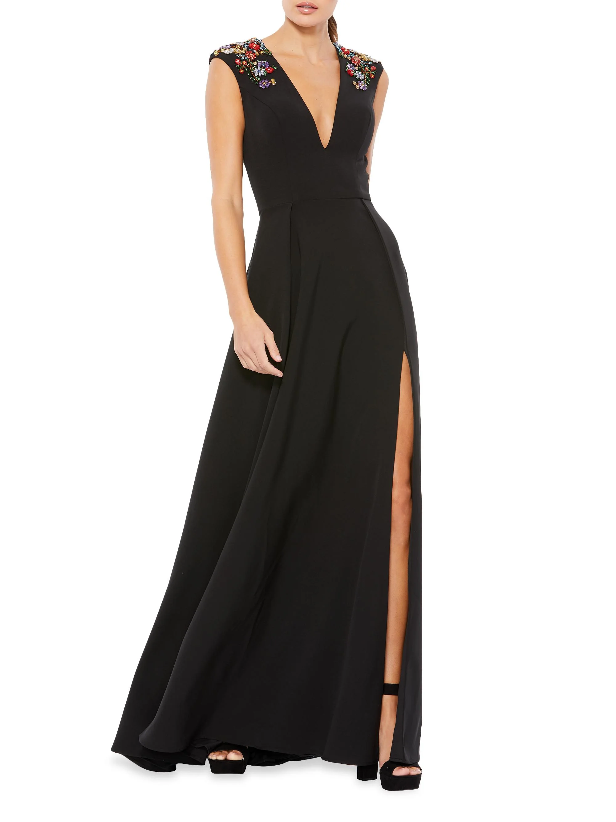 Women's Crystal-Embellished V-Neck Gown - Black - 1
