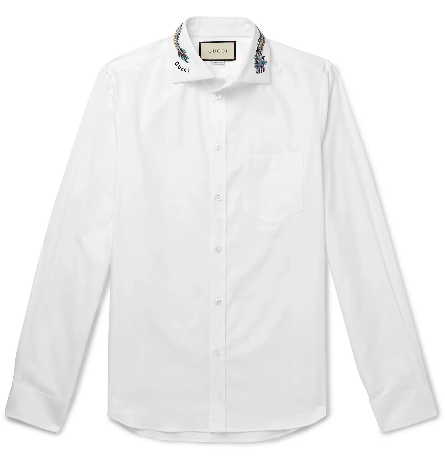 White Slim-Fit Cutaway-Collar Embroidered Cotton-Poplin Shirt - 1