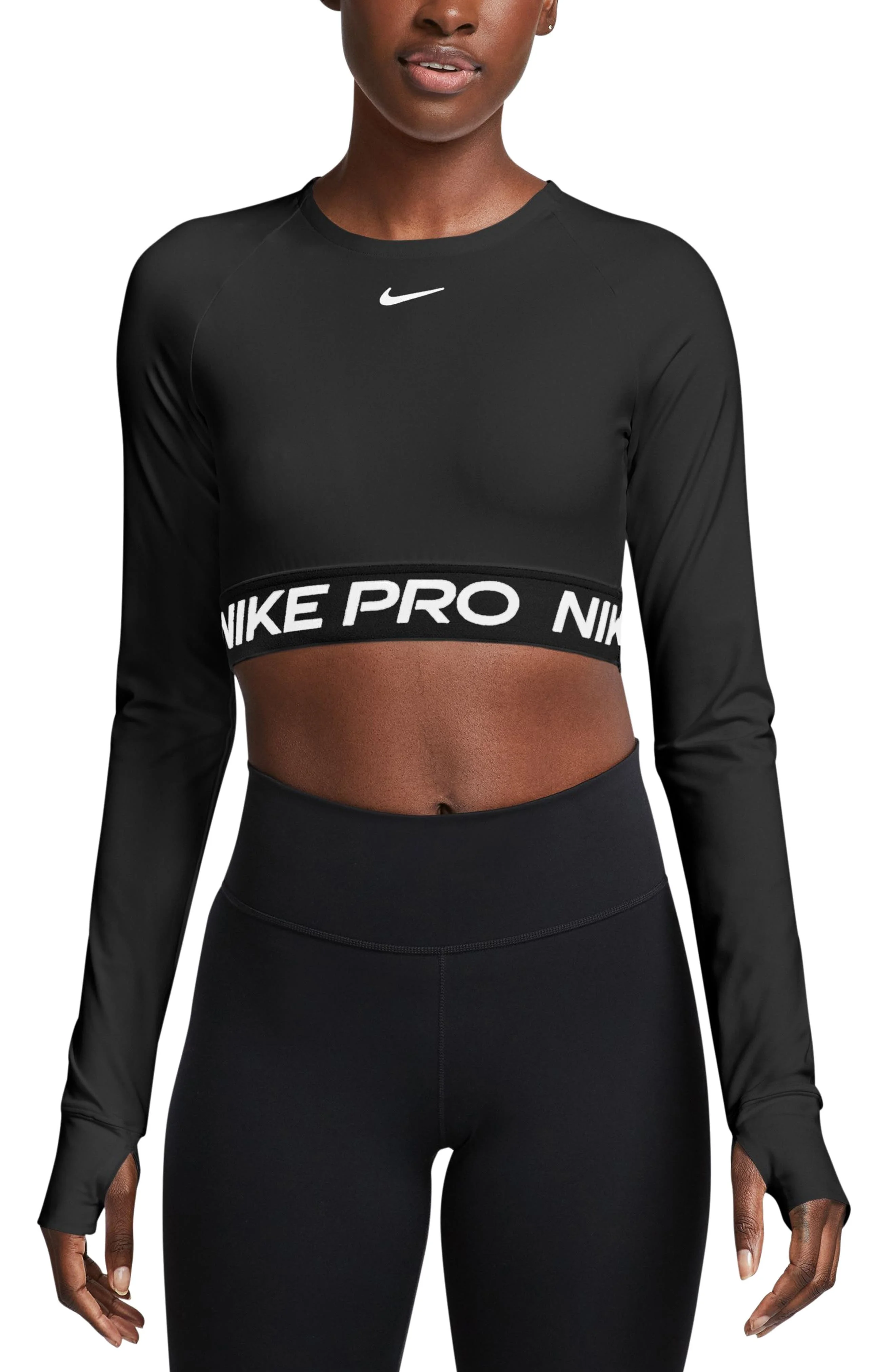 Nike Pro 365 Dri-FIT Long Sleeve Crop Top in 010 010 Black/white at Nordstrom - 1