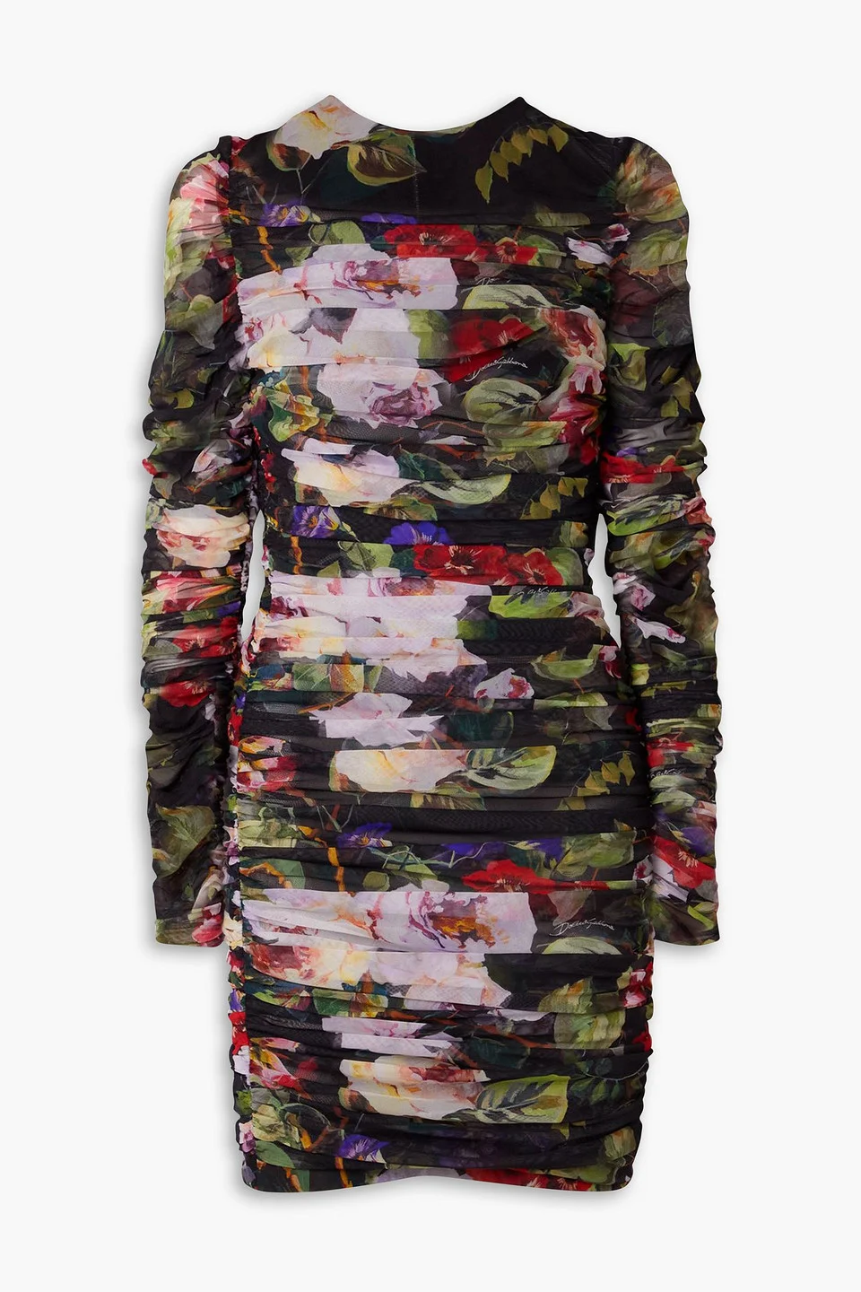 Ruched floral-print stretch-tulle mini dress - 1