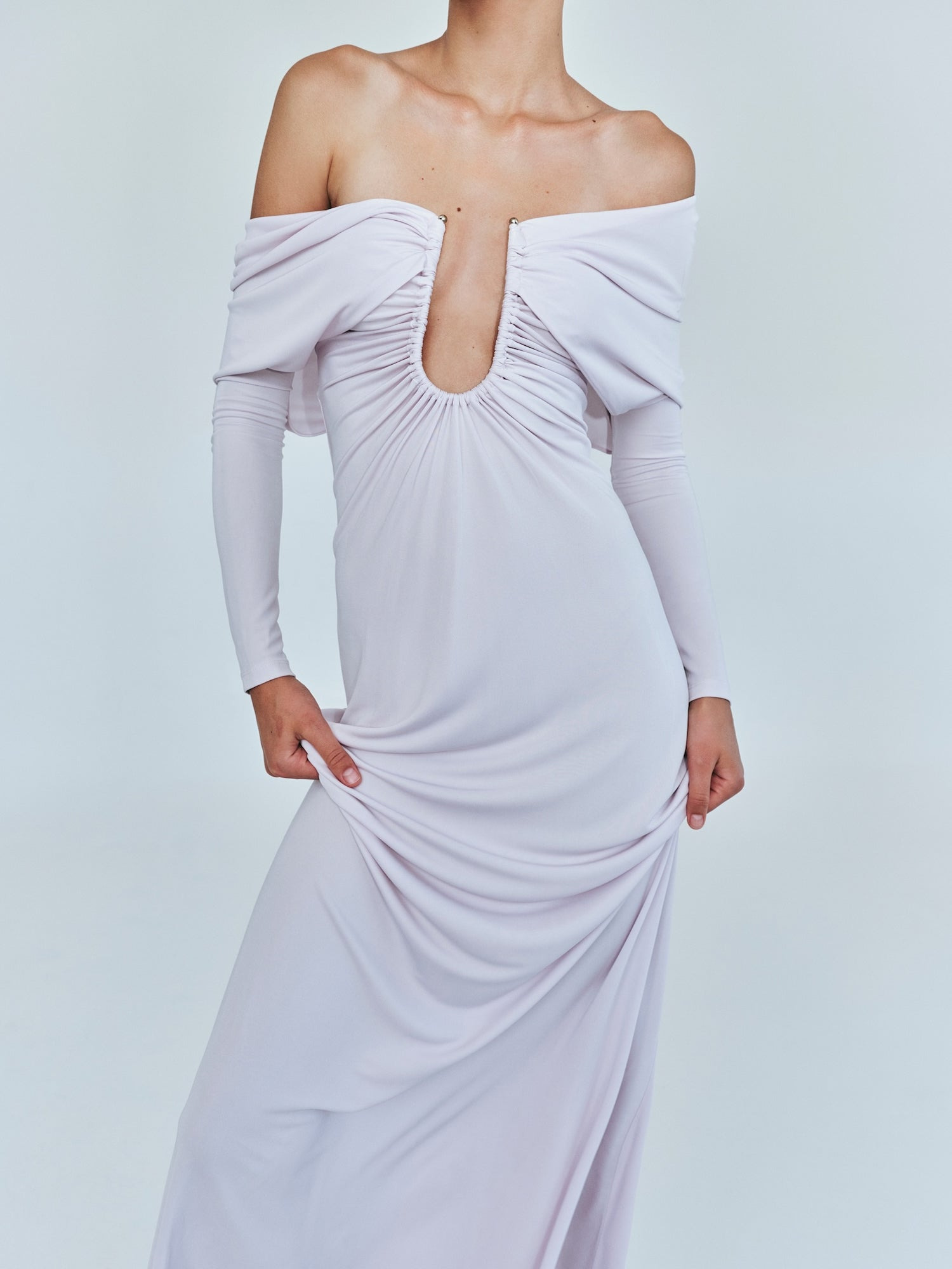 Arced Palm Strapless Shawl Gown - 6