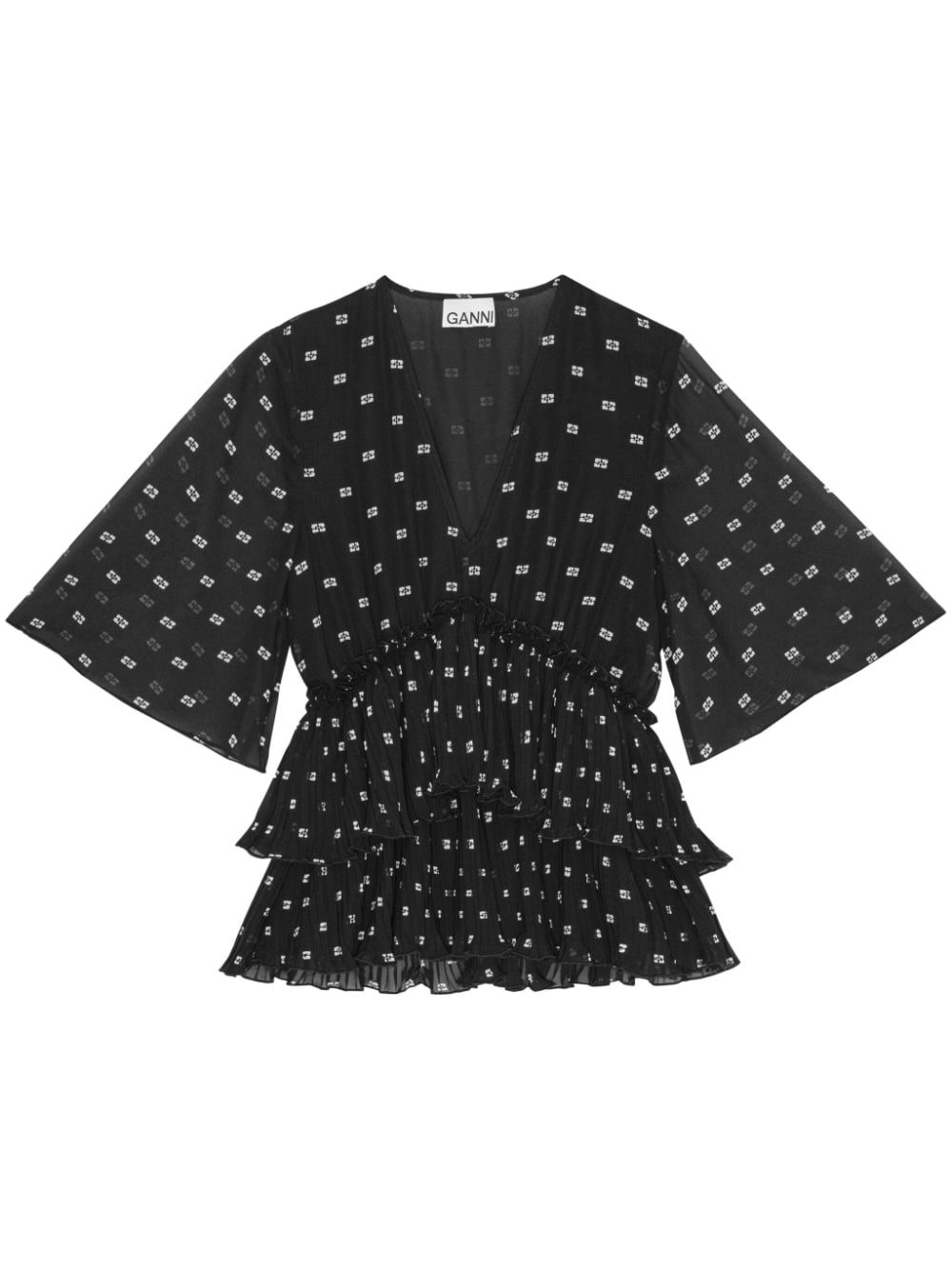 graphic-print V-neck pleated blouse - 1