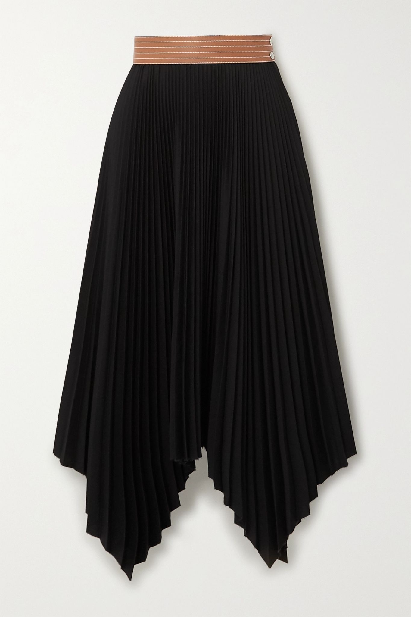 Leather-trimmed asymmetric pleated crepe midi skirt - 1