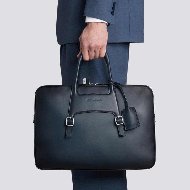Santoni Blue leather laptop bag outlook