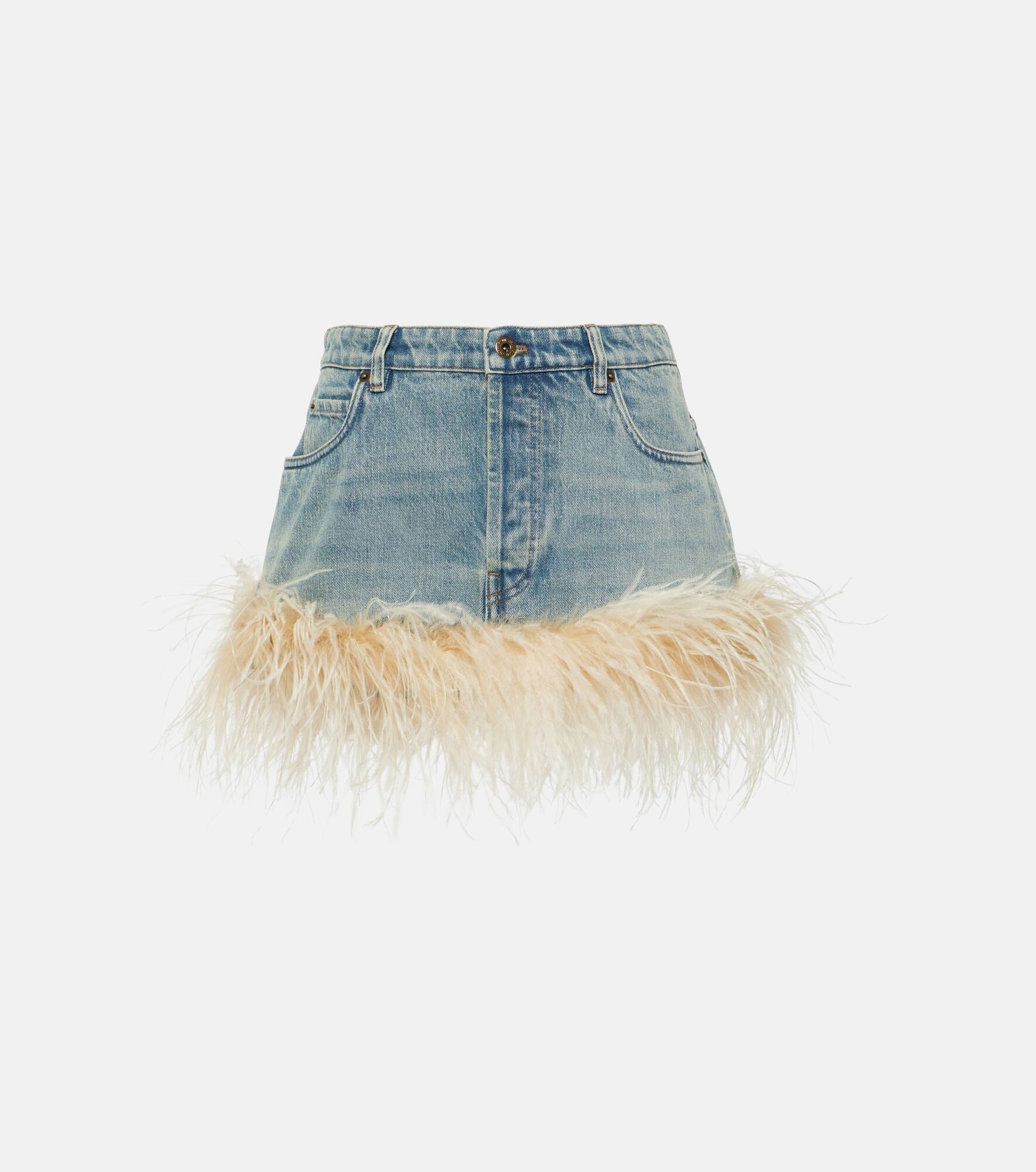 Feather-trimmed denim miniskirt - 1