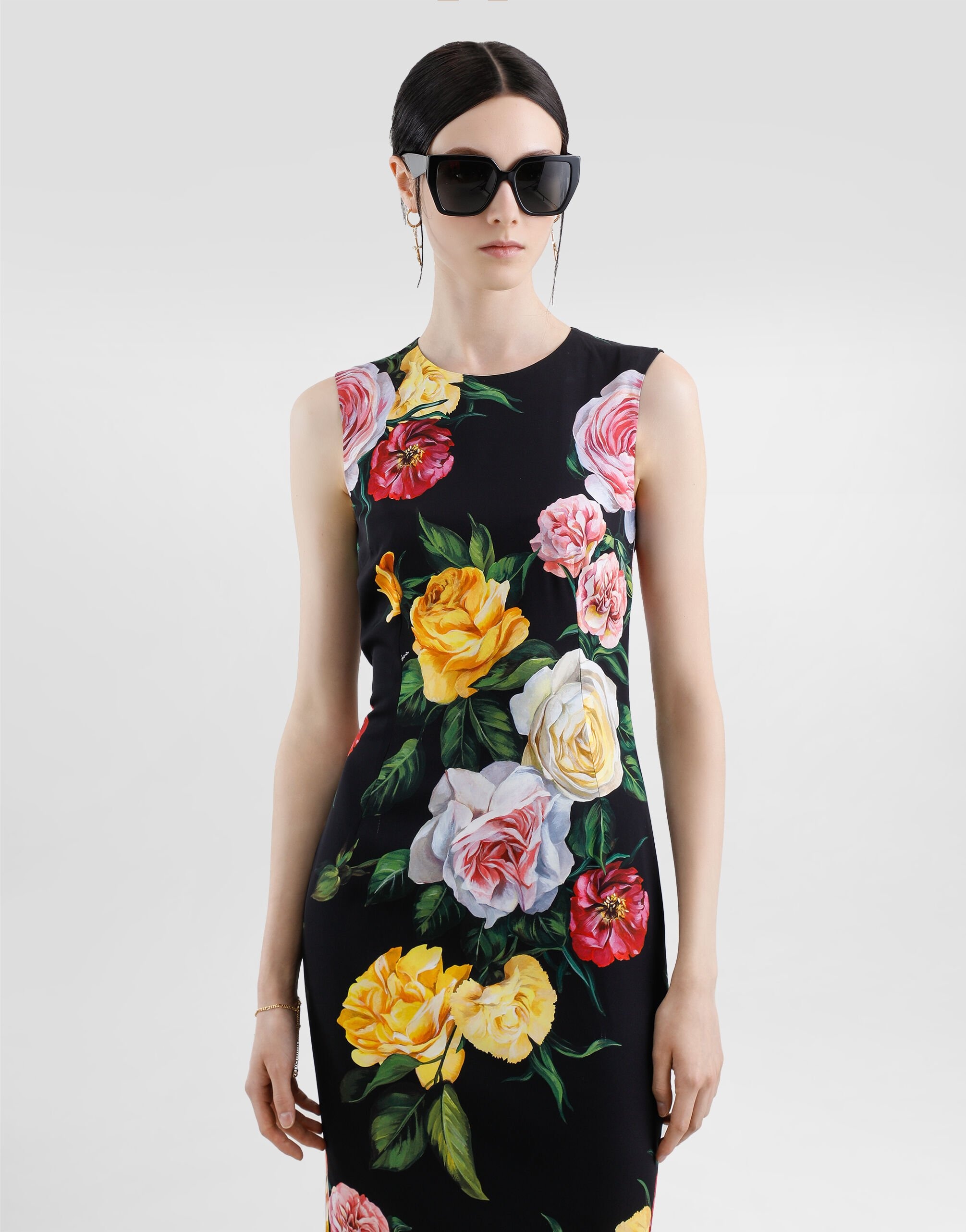 Charmeuse calf-length sheath dress with peony and rose print - 5