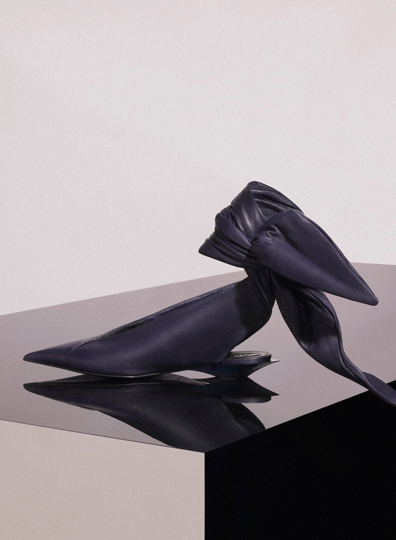 MUGLER midnight blue leather knot fang flat mules outlook