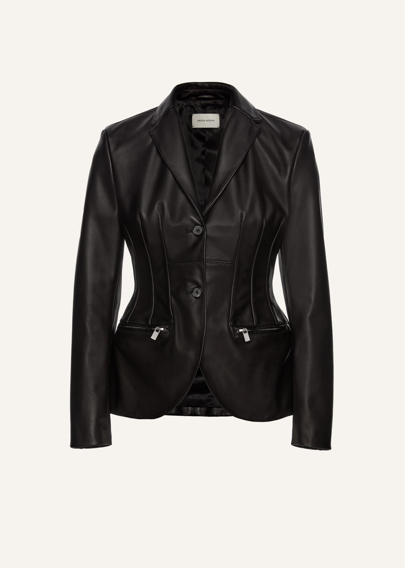 Stitch waist leather blazer in black 1