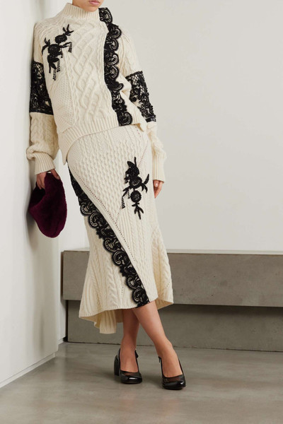 Erdem Lace-trimmed embellished cable-knit wool-blend sweater outlook