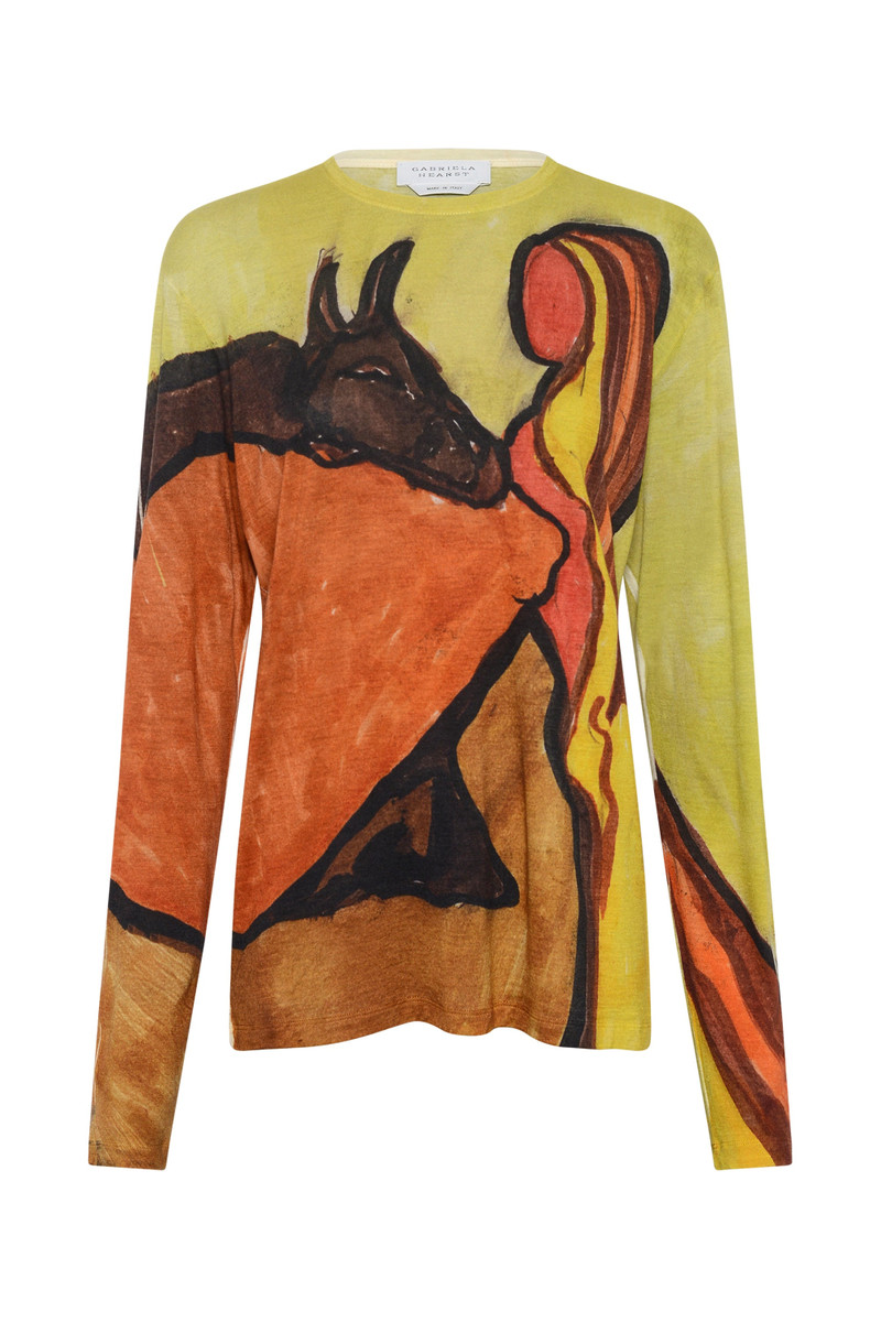 Isaro Long Sleeve T-shirt in Earth Multi Printed Cashmere Jersey 1