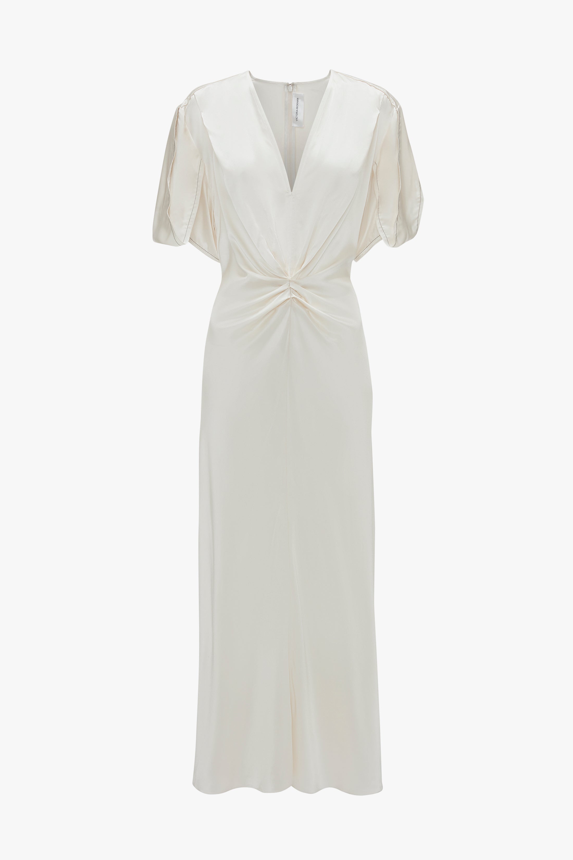 Gathered V-Neck Midi Dress In Ivory - 1