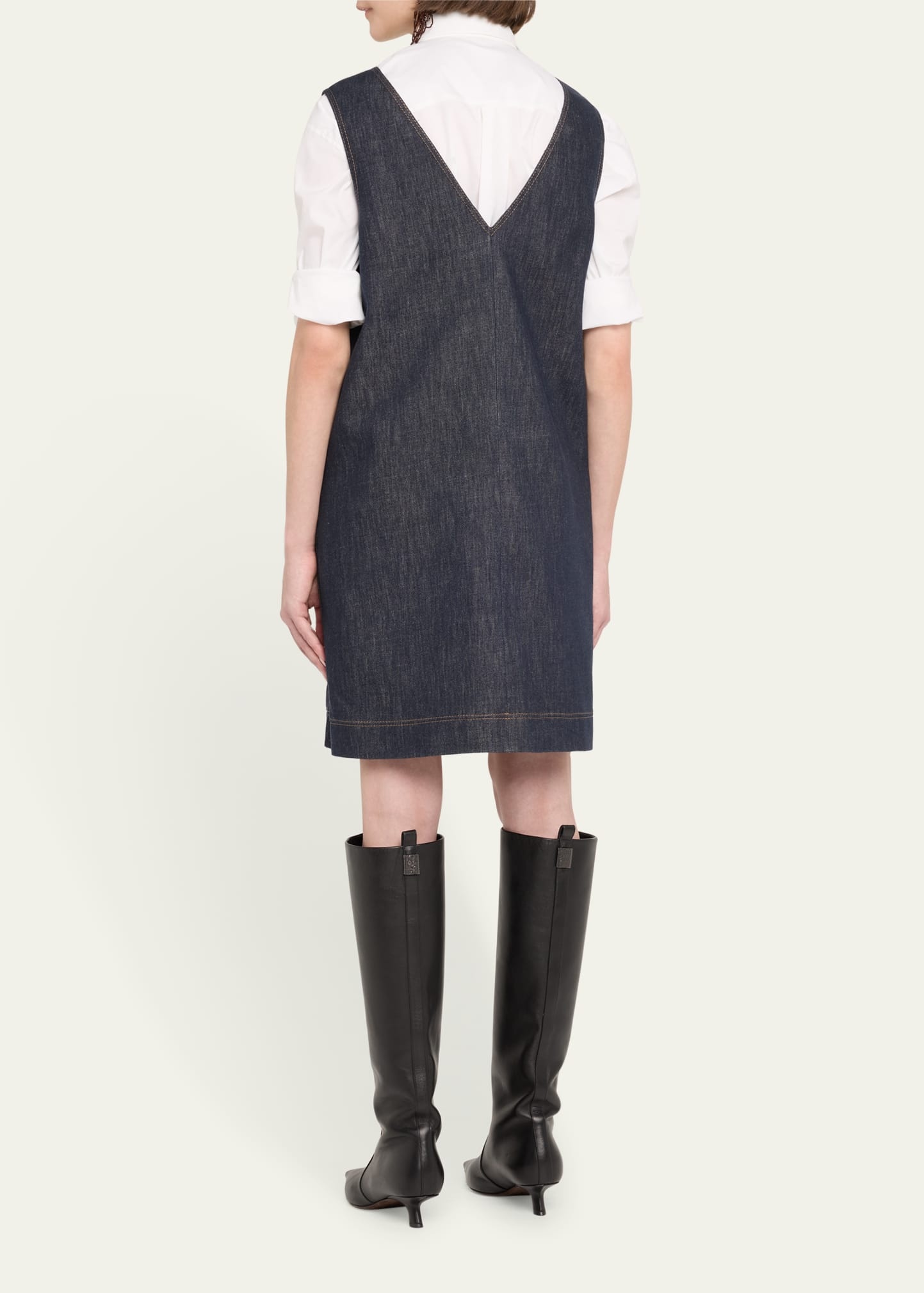 Short V-Neck Denim Tank Dress with Monili Insert - 3
