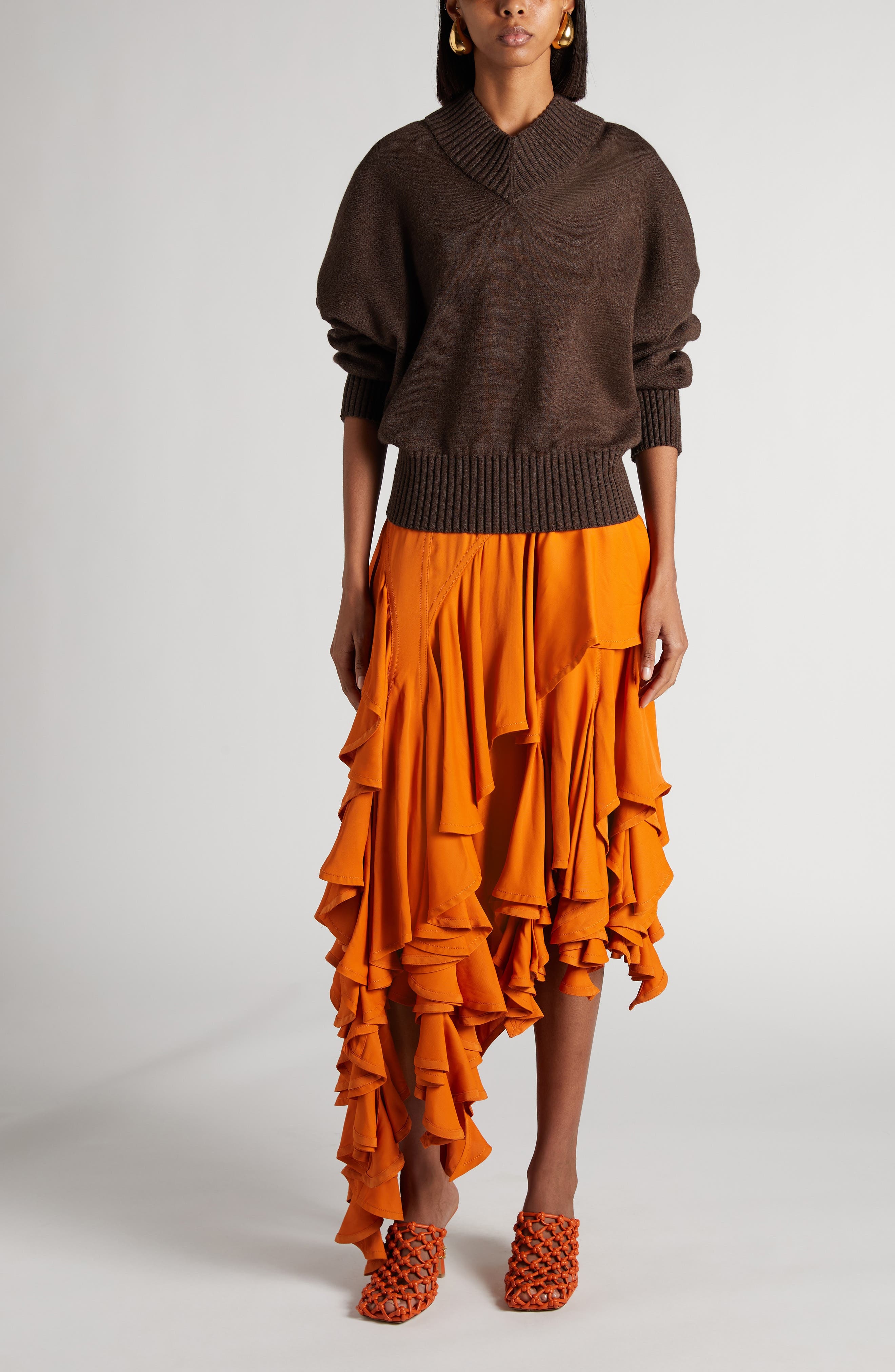 Bottega Veneta Relaxed Fit Double Cotton Blend V-Neck Sweater in 2164 Dark Chestnut at Nordstrom - 2