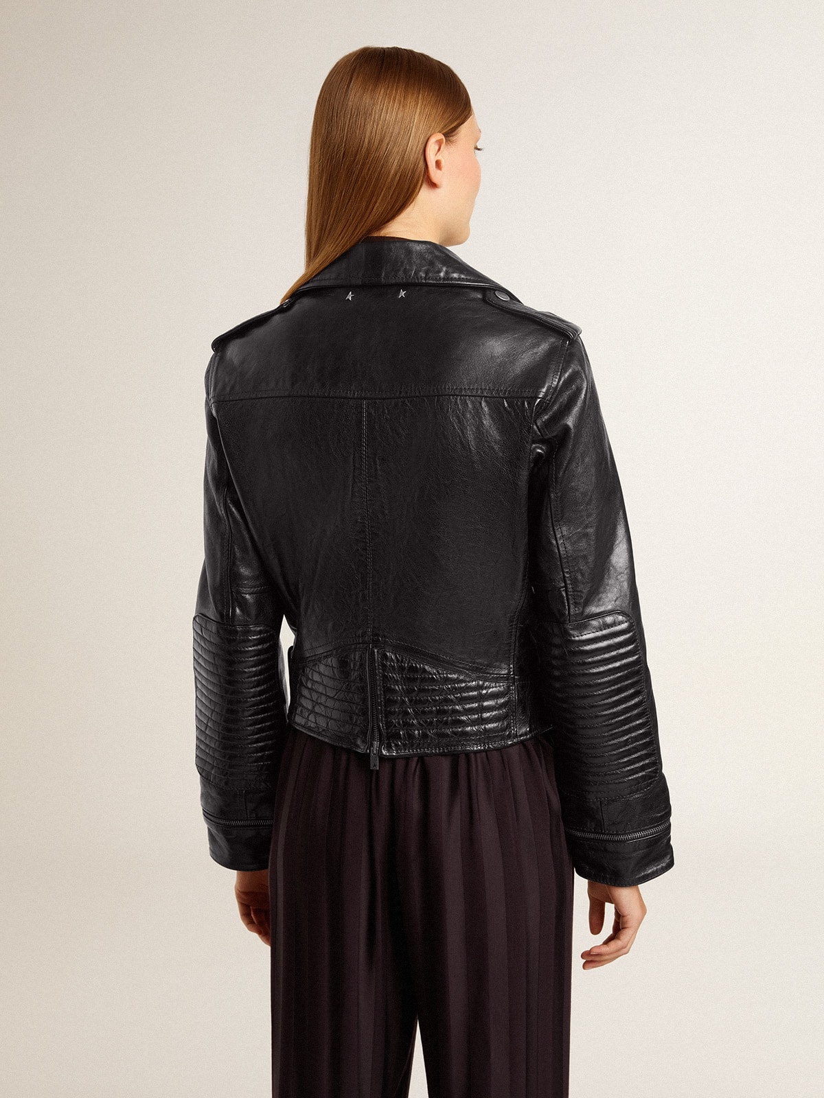 Women's black leather biker jacket with glossy effect - 5
