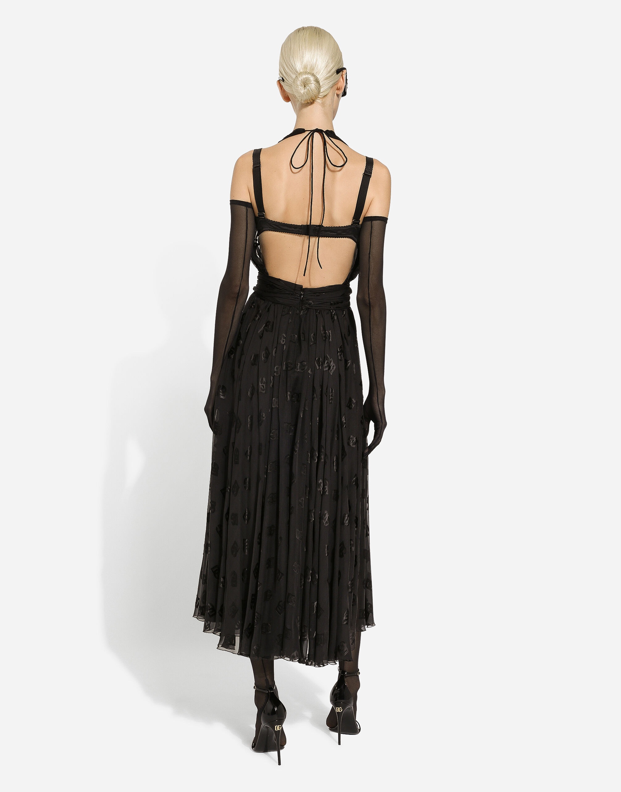 Dévoré satin calf-length dress with all-over DG logo - 3