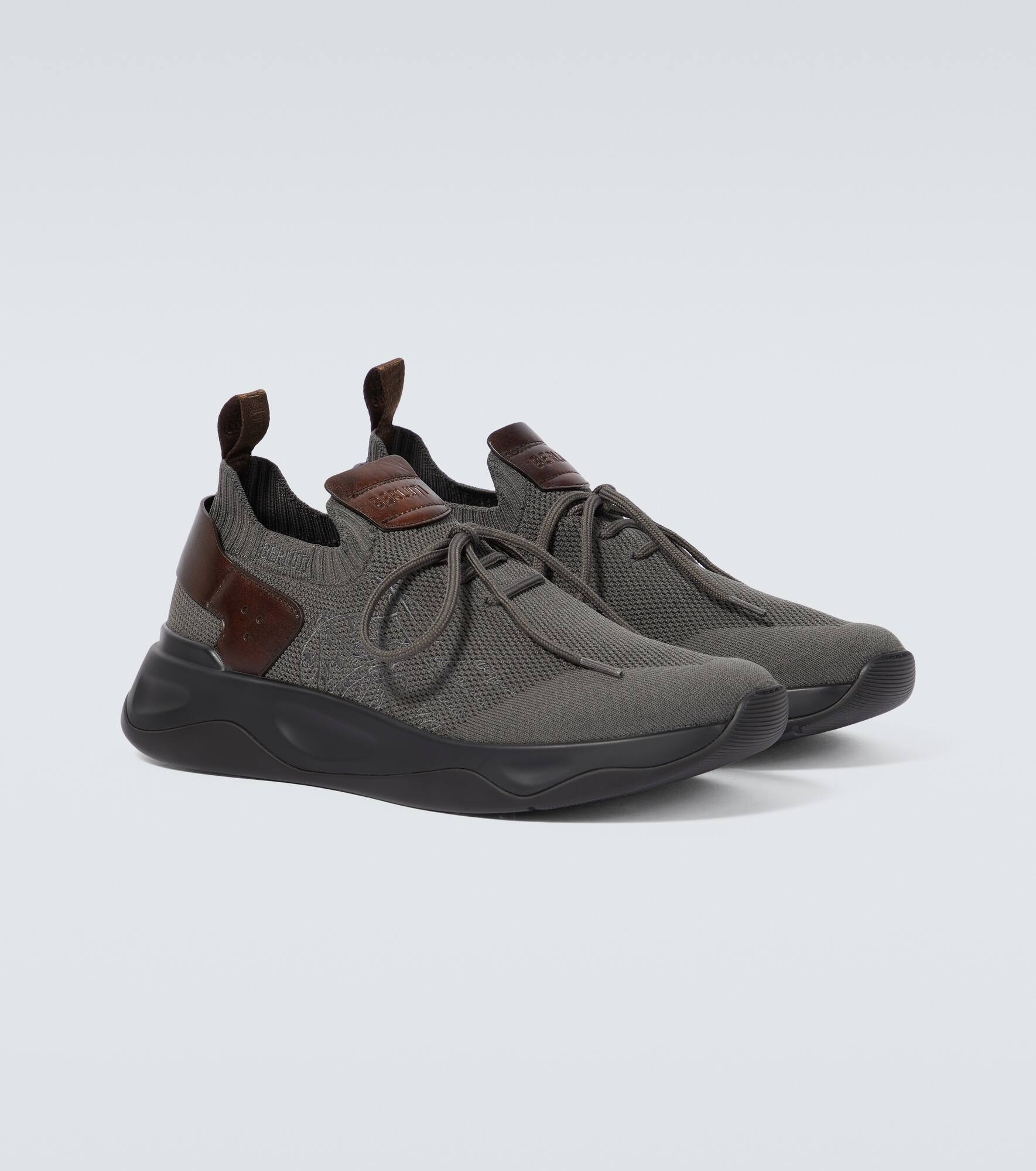 Embroidered leather-trimmed sneakers - 5
