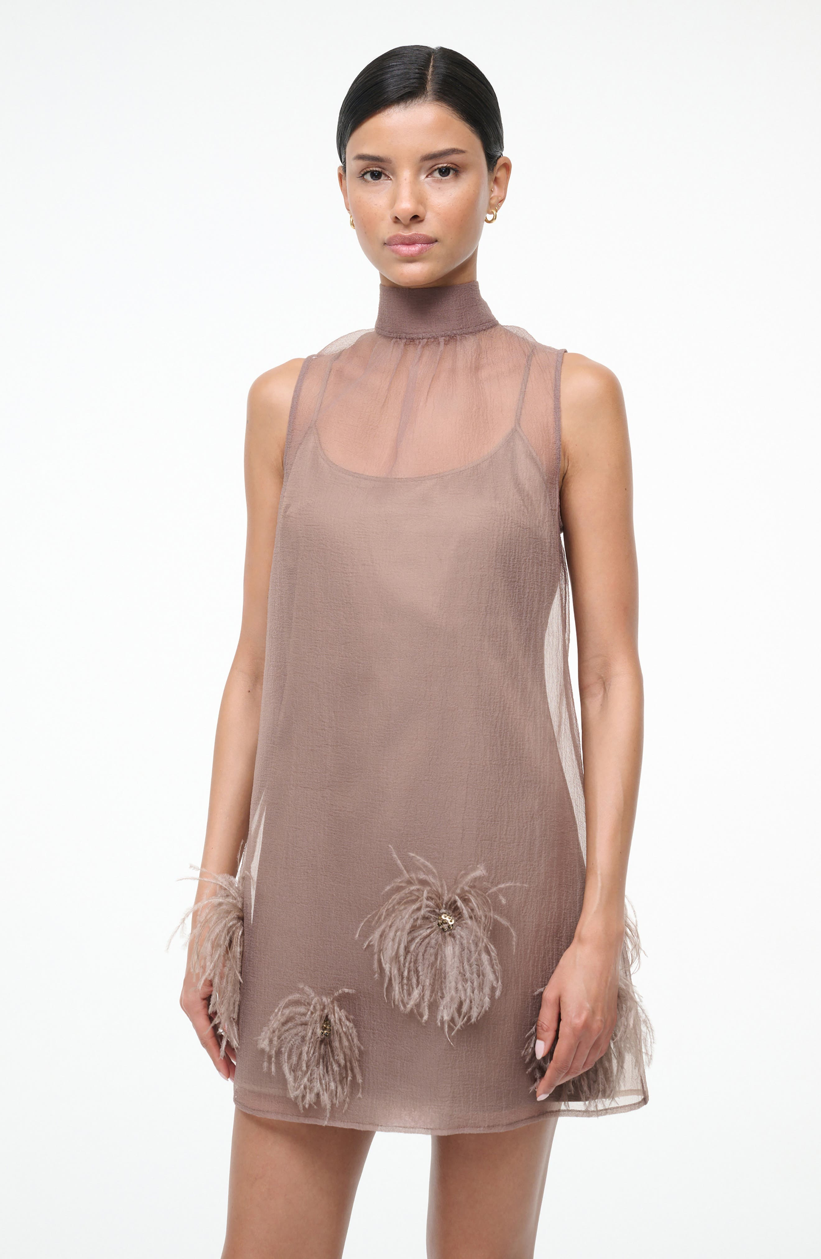 STAUD Albee Feather Puff Sleeveless Minidress in Truffle at Nordstrom - 6