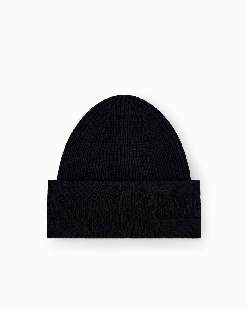 EMPORIO ARMANI BEANIE HAT IN RIBBED VIRGIN WOOL WITH EMBOSSED LOGO ON CUFF outlook