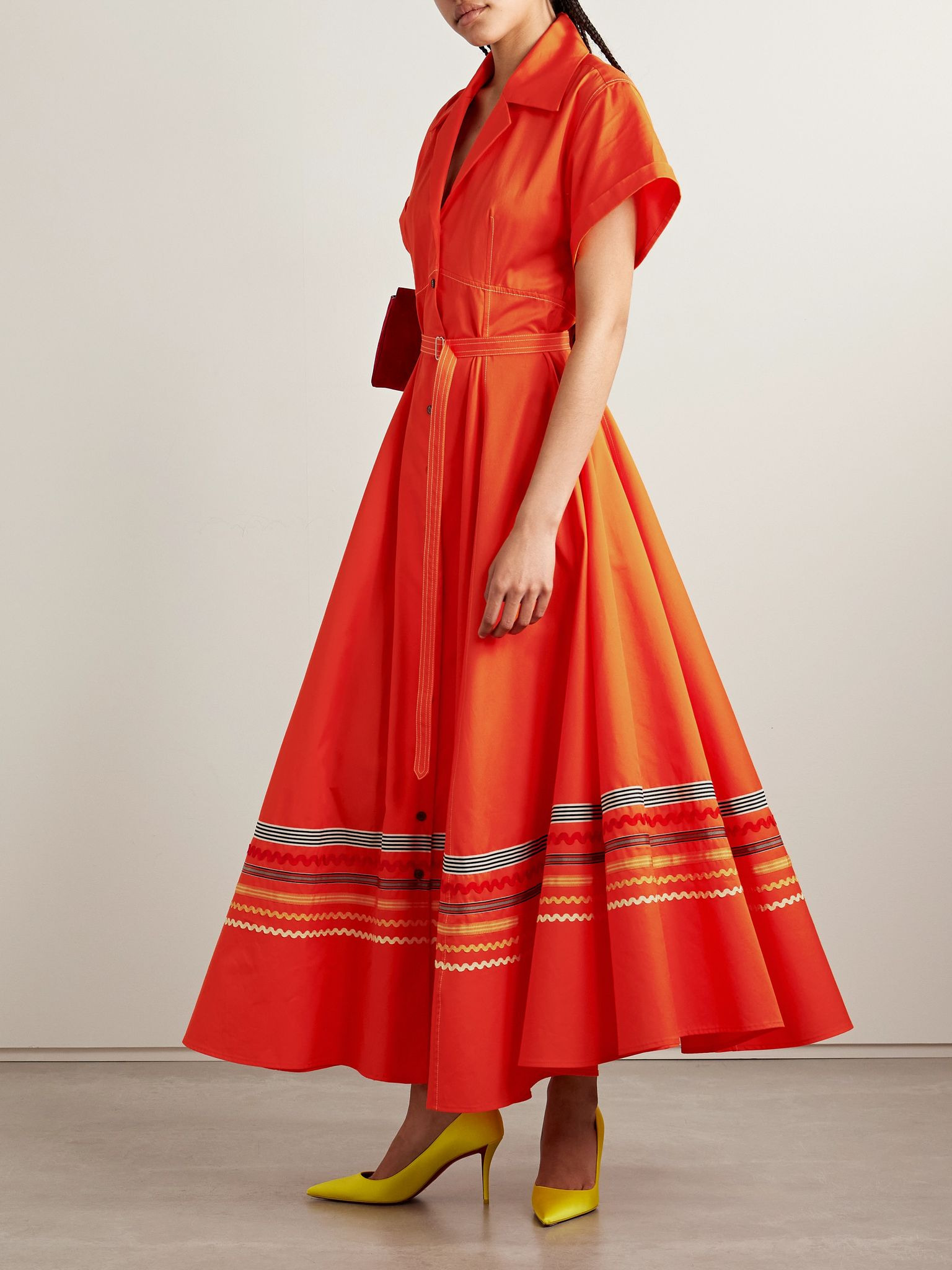 Belted ric rac and grosgrain-trimmed cotton-twill maxi shirt dress Orange - 2