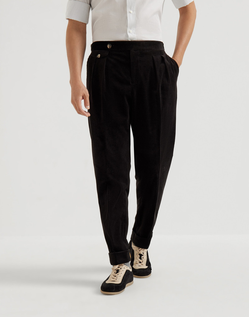 Comfort cotton and cashmere corduroy tailor fit trousers with double pleats and waist tabs 1