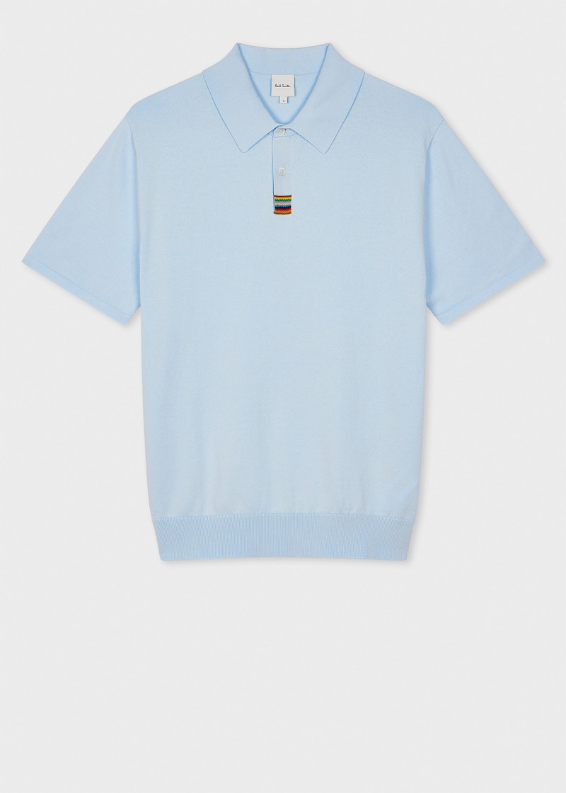 Pale Blue Organic Cotton 'Signature Stripe' Knitted Polo Shirt - 1
