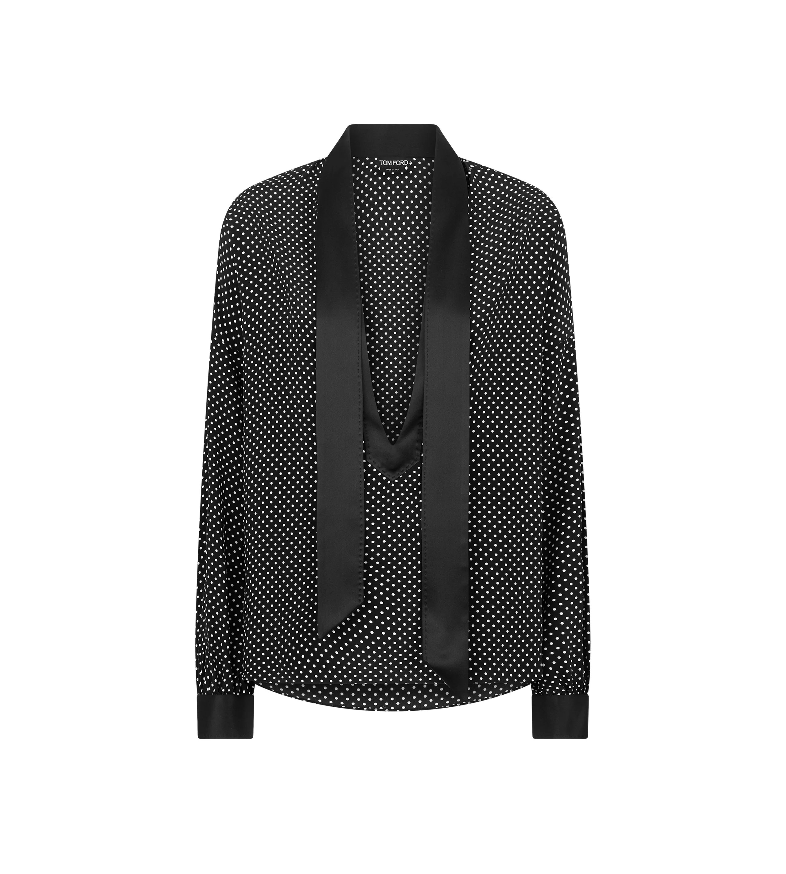 POLKA DOT SILK CREPE DE CHINE LAVALLIERE TUNIC TOP WITH TUXEDO DETAILS - 1