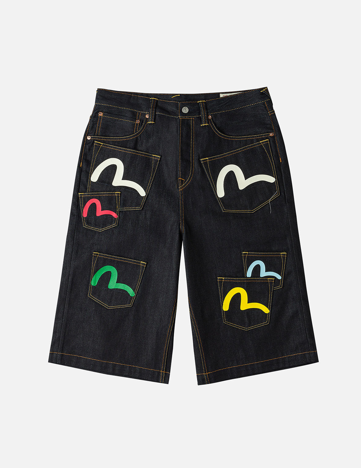 Seagull Print and Multi-Pocket Fashion Fit Denim Shorts - 3