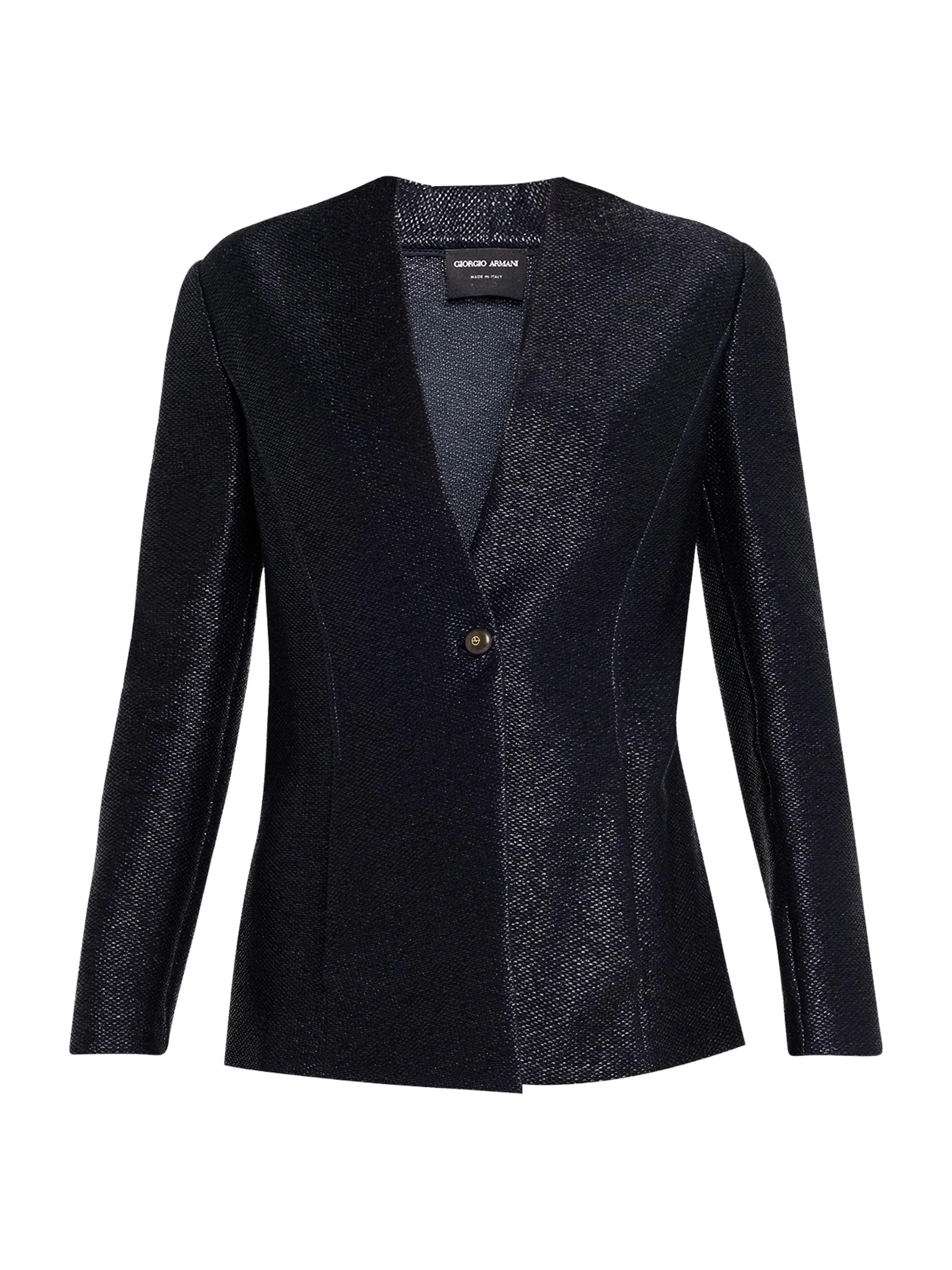 Women's Metallic Woven Collarless Single-Breasted Jacket - Solid Medium Blue - 1