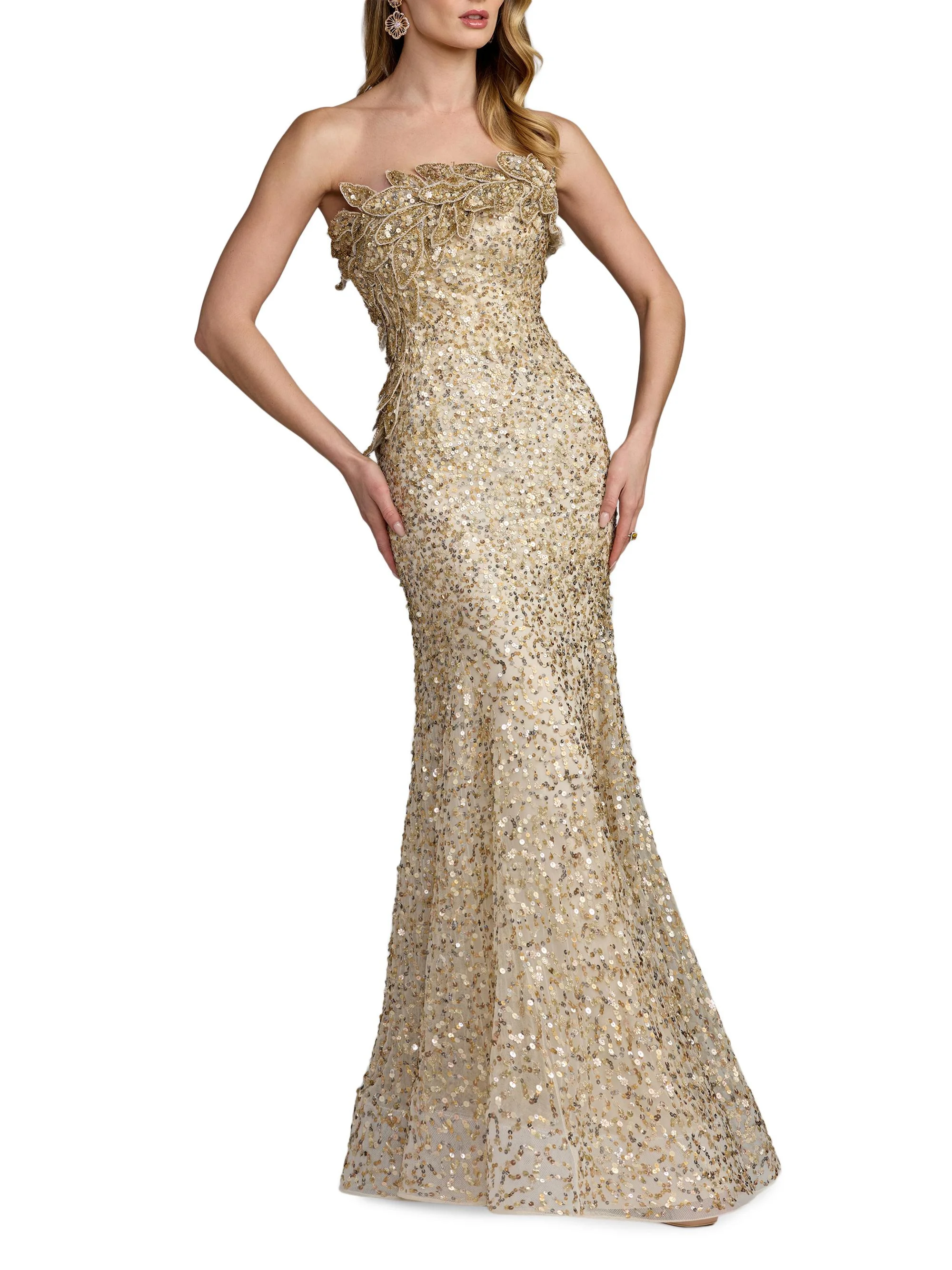 Women's Srapless Beaded Mesh Trumpet Gown - Gold - 1