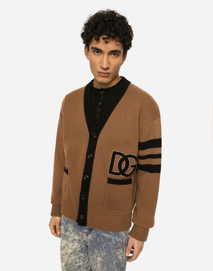 Wool fisherman’s rib cardigan with DG logo patch - 4