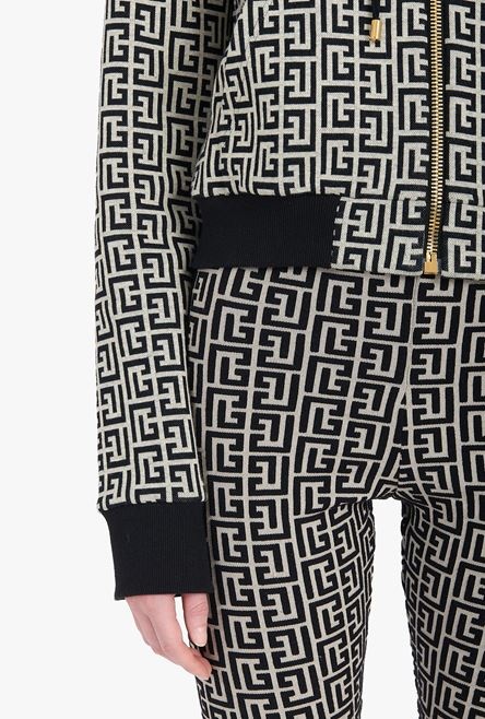 Cropped hooded cotton sweatshirt with ivory and black Balmain monogram - 8