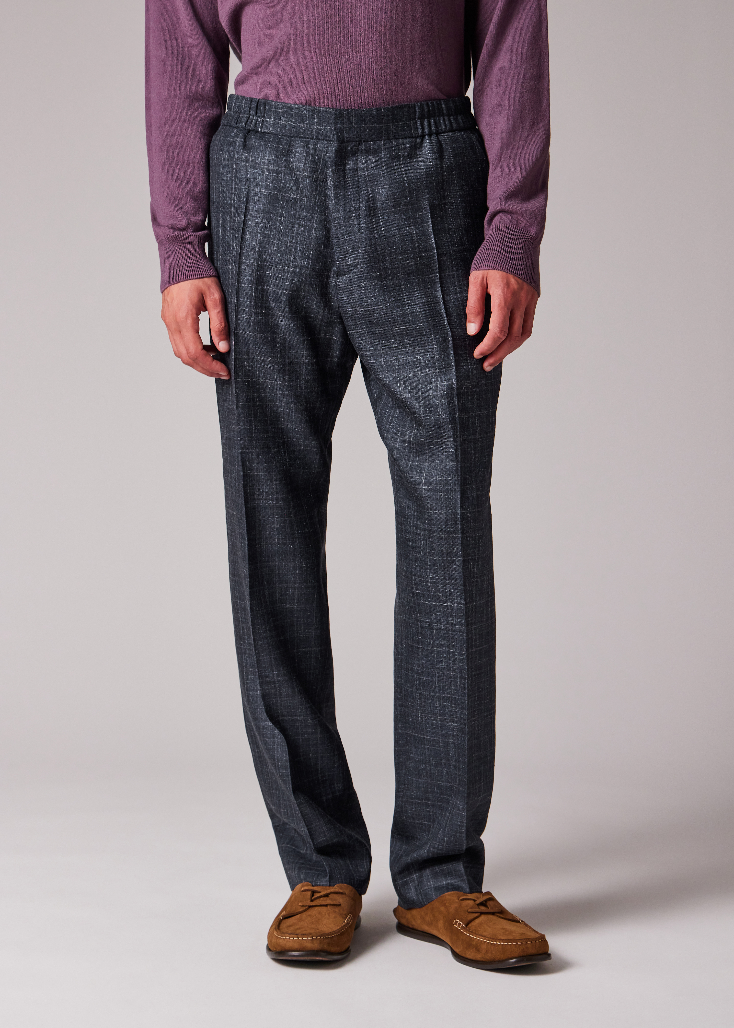 Navy Wool-Silk Elasticated-Waist Trousers - 3