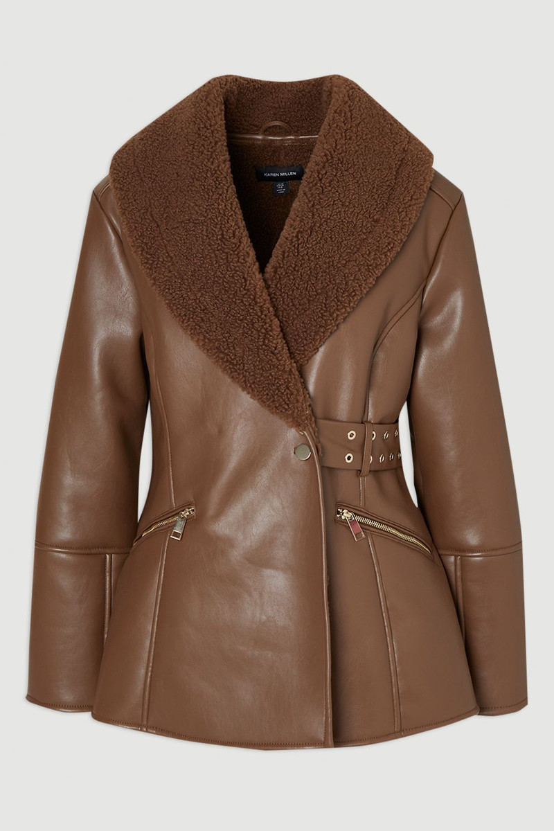 Faux Leather Bonded Waisted Peplum Coat 4
