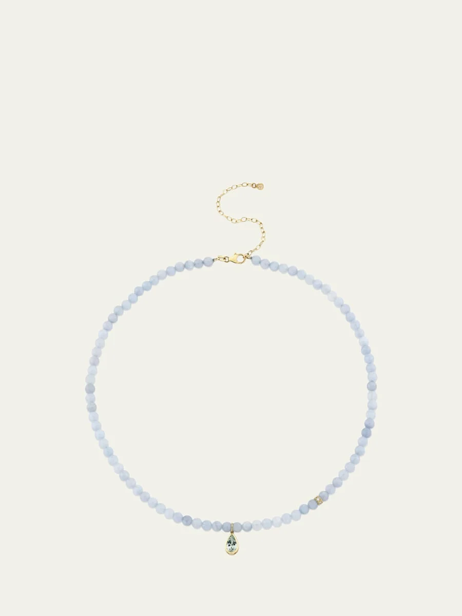 14K Pear Aquamarine Beaded Necklace - 1