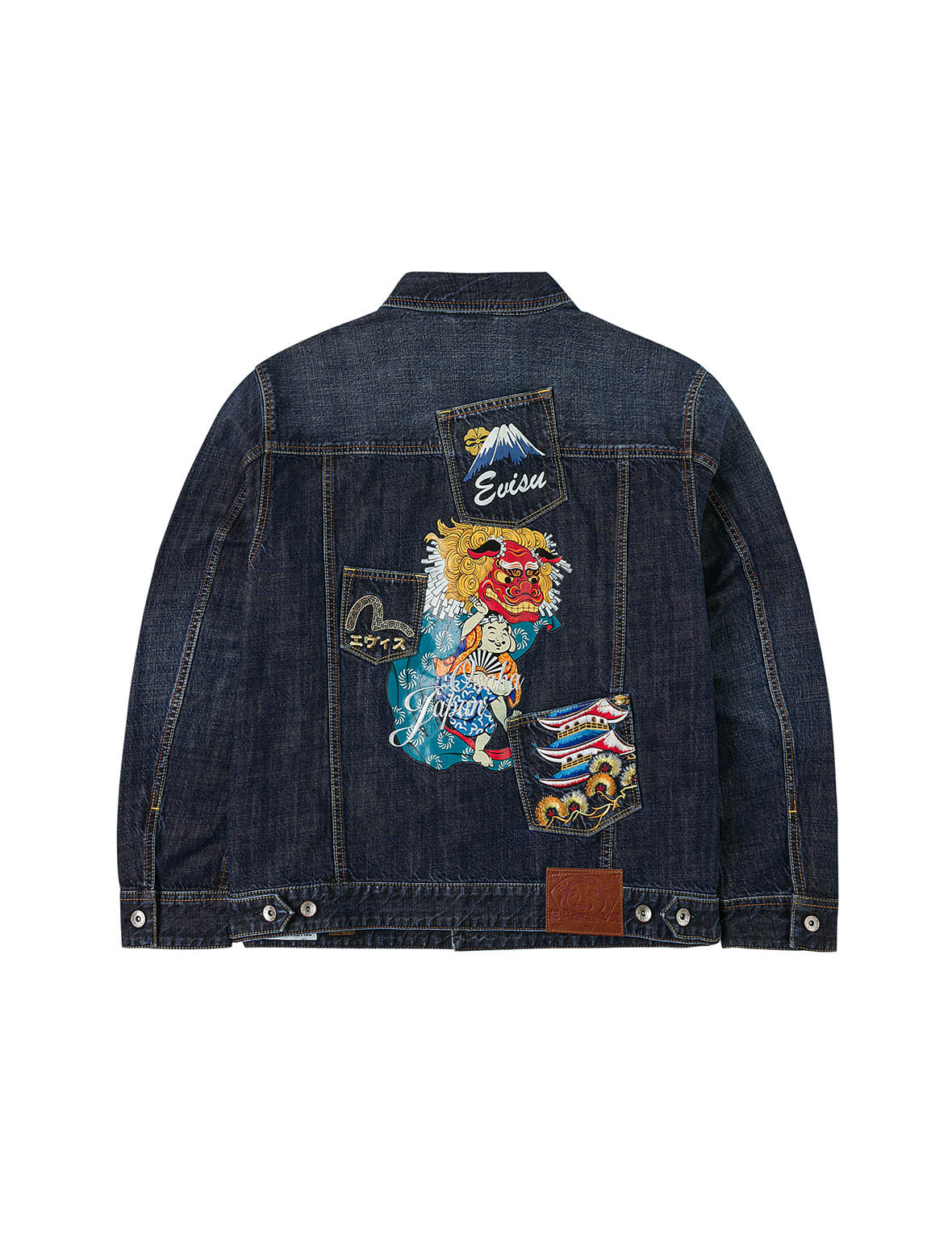 Washed Multi-Pocket with Lion Dance Print Relax Fit Denim Jacket - 2