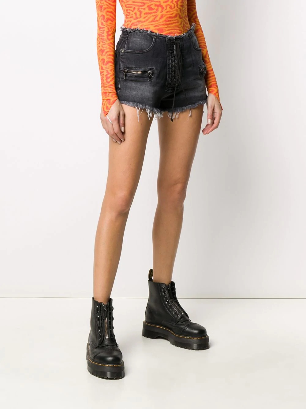 frayed lace-up denim shorts - 3