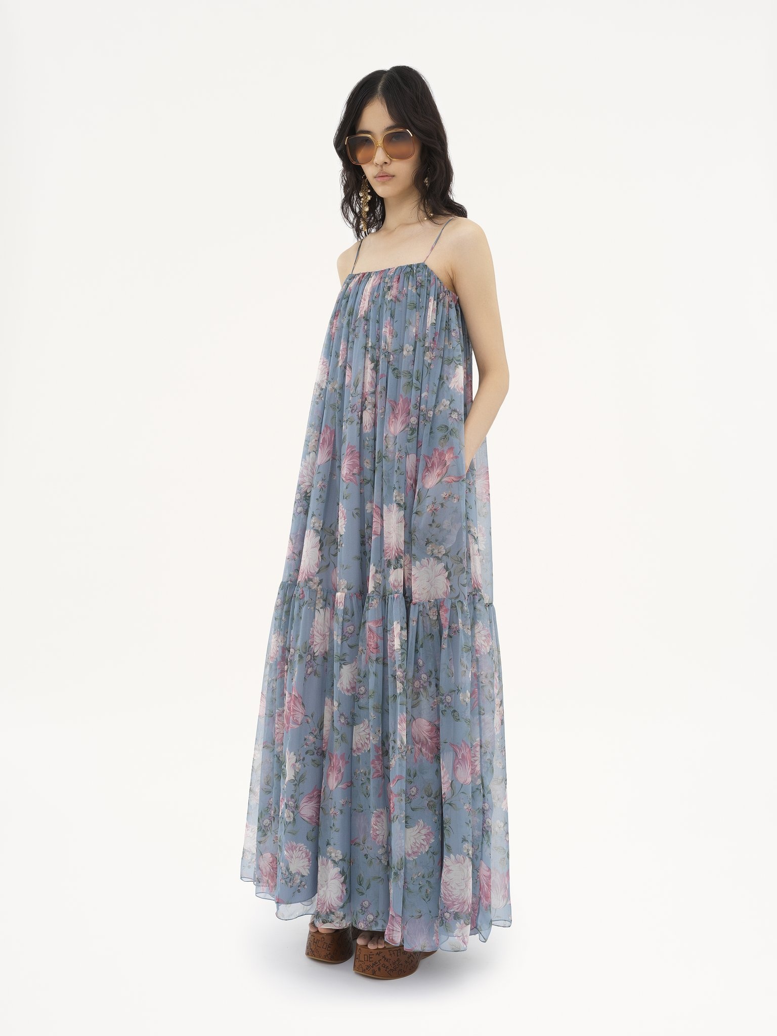 SLEEVELESS LONG DRESS IN SILK MOUSSELINE - 4