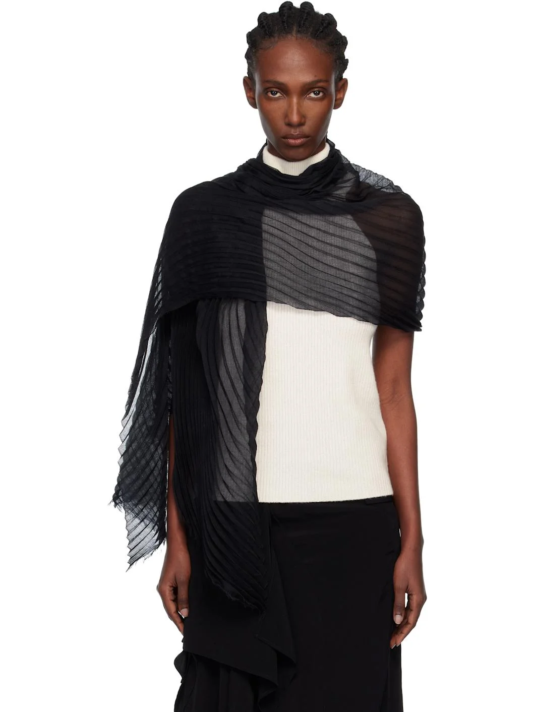 Black Silk Wool Pleats Stole Scarf - 1
