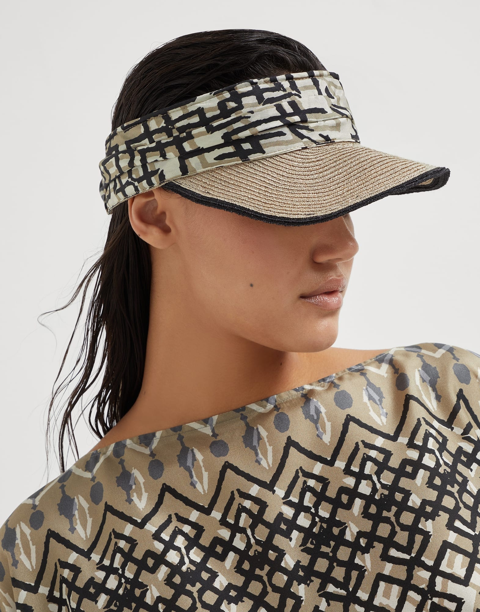 Silk ethnic print pongée and hemp visor - 3