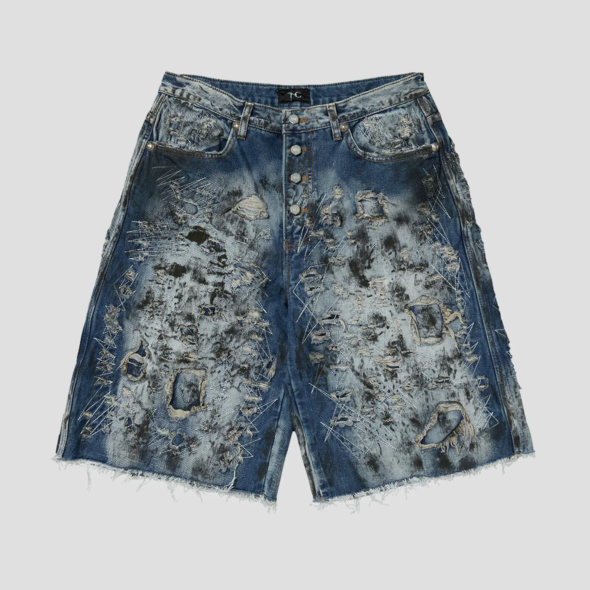 HARD WASHED DESTROYED DENIM SHORTS - 1