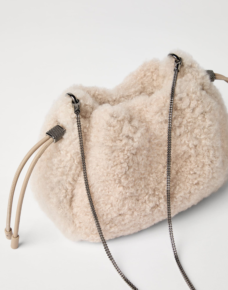 Mellow mini bucket bag in fuzzy shearling with precious chain 3